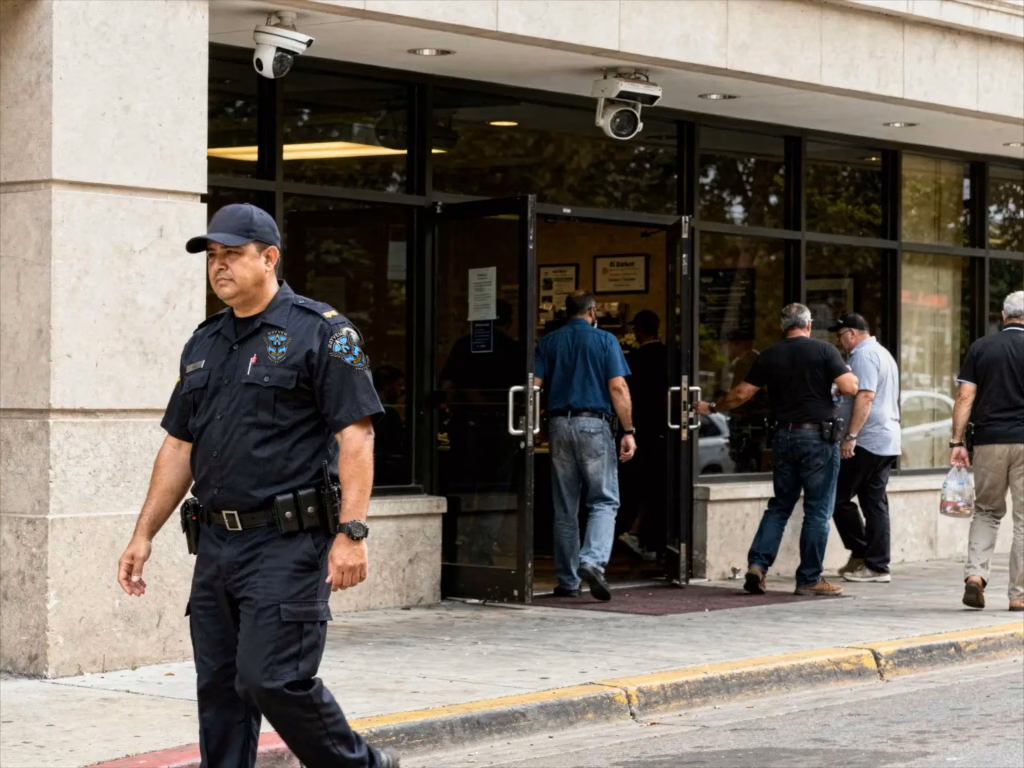 Rayven Security Protection security guard walking outside a commercial building with visible security cameras monitoring the entrance and visitors.