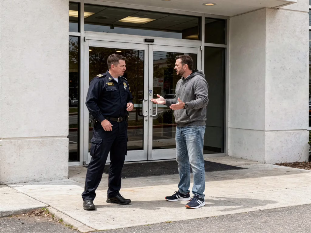 Rayven Security Protection security guard calmly speaking with a man outside a commercial building, demonstrating early intervention and de-escalation.