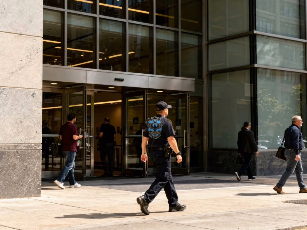 Rayven Security Protection security guard walking during routine patrol outside a commercial building while people enter and exit, showing security as part of normal business operations.