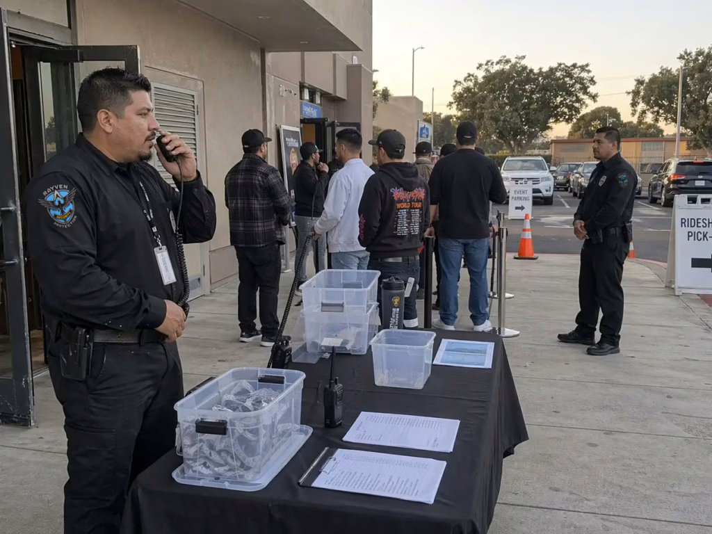 Rayven Security Protection event security team managing entry control and guest flow outside a California event venue