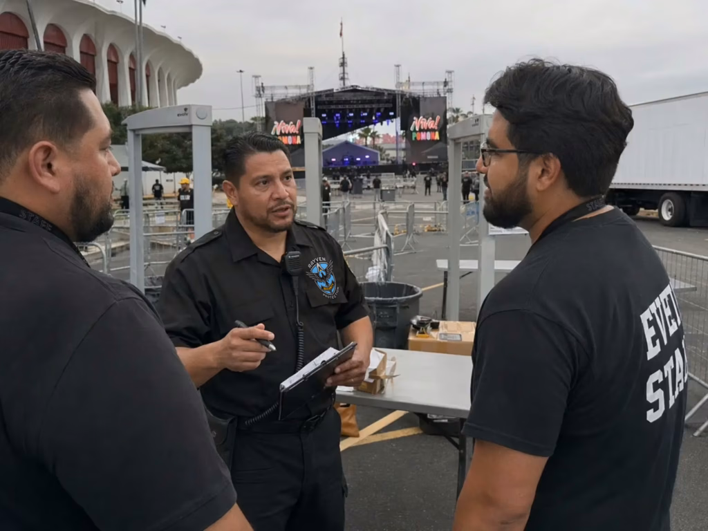 Rayven Security Protection security supervisor helping event staff assess risk at a large public event setup