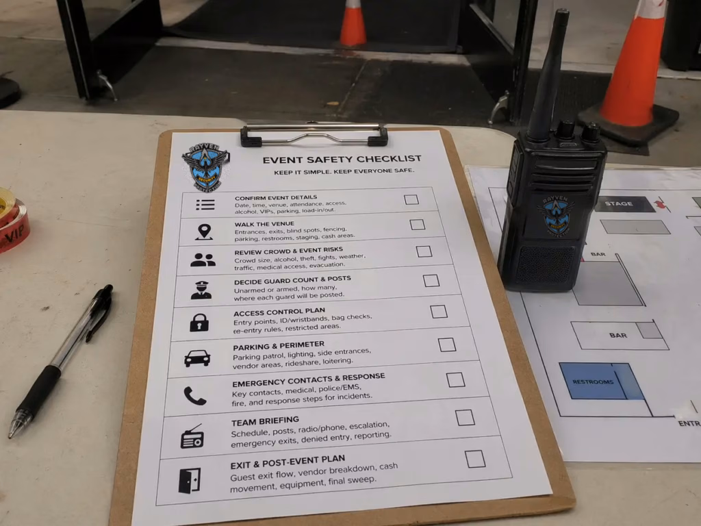 Printable event safety checklist with access control, emergency contacts, crowd risk, parking, and post-event steps