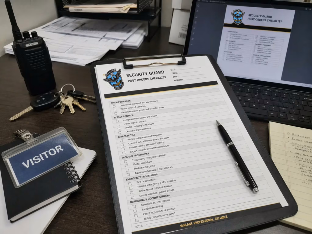 Rayven Security Protection security guard post orders checklist printed on a desk with keys, radio, clipboard, and security paperwork.