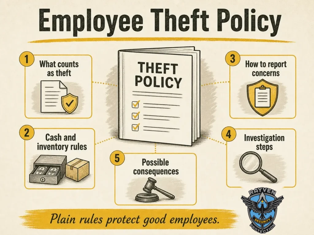 Infographic explaining what to include in a clear employee theft policy for cash, inventory, reporting, investigations, and consequences