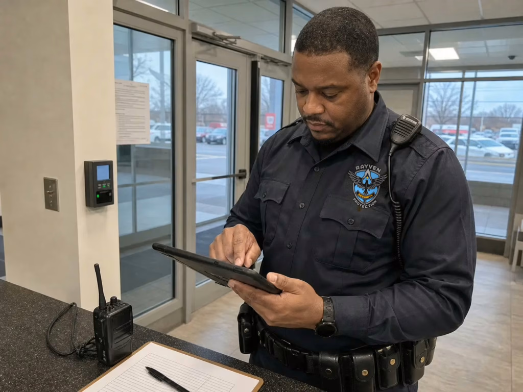 Rayven Security Protection security guard in uniform completing a patrol report at a client property after checking access points.