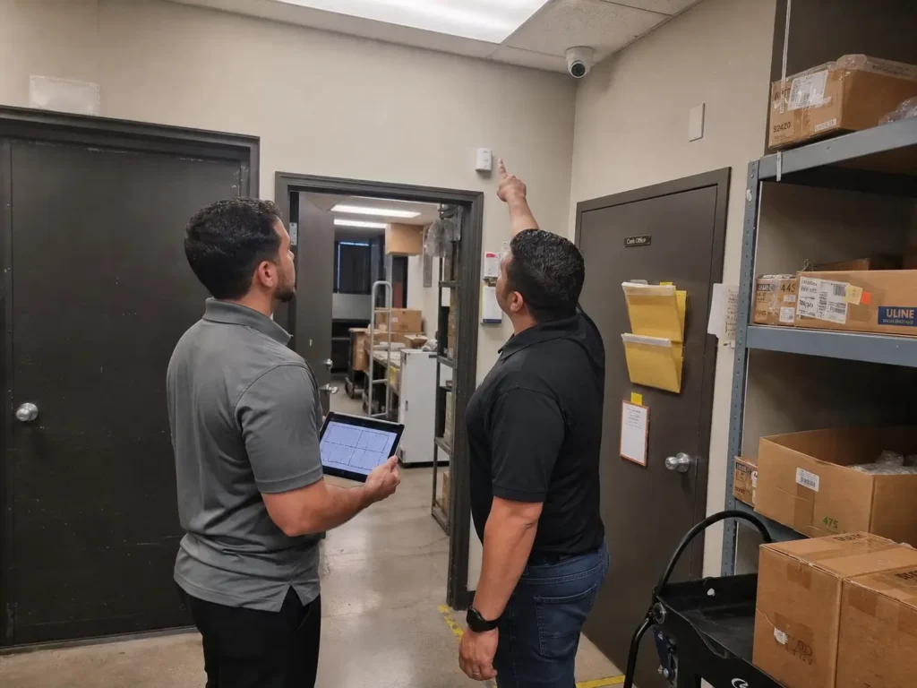 Business staff reviewing security camera placement near a stockroom to prevent workplace theft