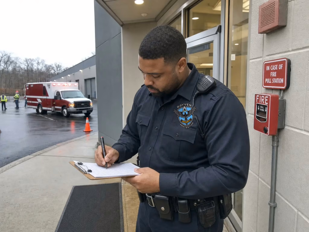 Rayven Security Protection security guard documenting an emergency response timeline near a commercial building entrance after responders arrive.