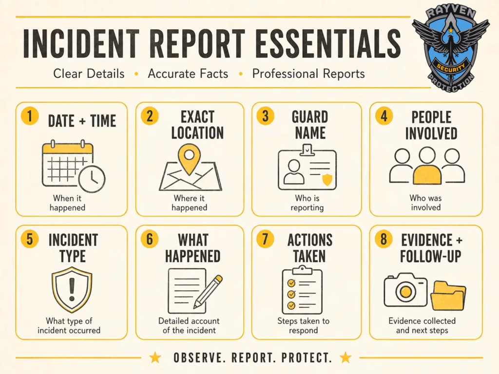 Rayven Security Protection infographic showing the essential sections of a security guard incident report, including time, location, people involved, actions taken, evidence, and follow-up.