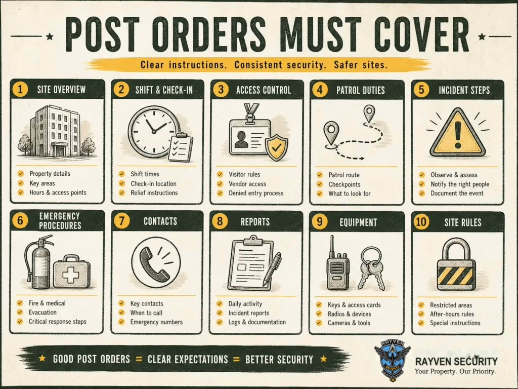 Rayven Security Protection infographic showing what to include in security guard post orders, including patrol duties, access control, contacts, reports, equipment, and emergency procedures.