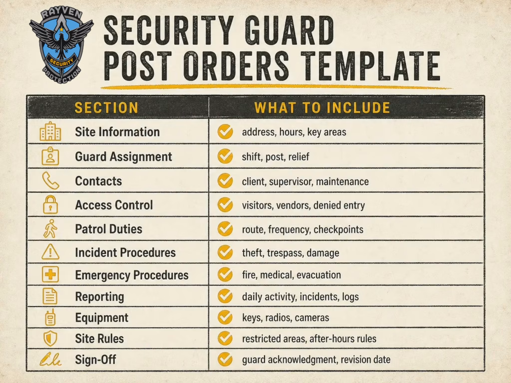 Rayven Security Protection security guard post orders template infographic with sections for site information, access control, patrol duties, incident procedures, emergency procedures, reporting, equipment, and sign-off.