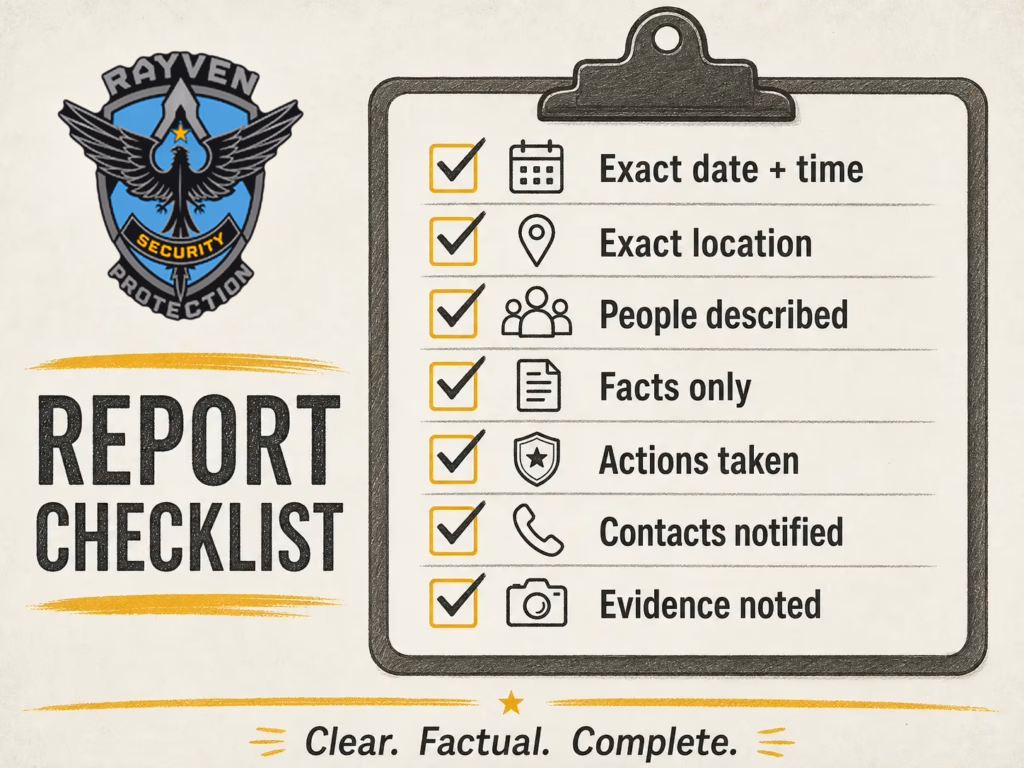 Rayven Security Protection checklist infographic for better security guard incident reports with reminders for time, location, facts, actions, contacts, and evidence.