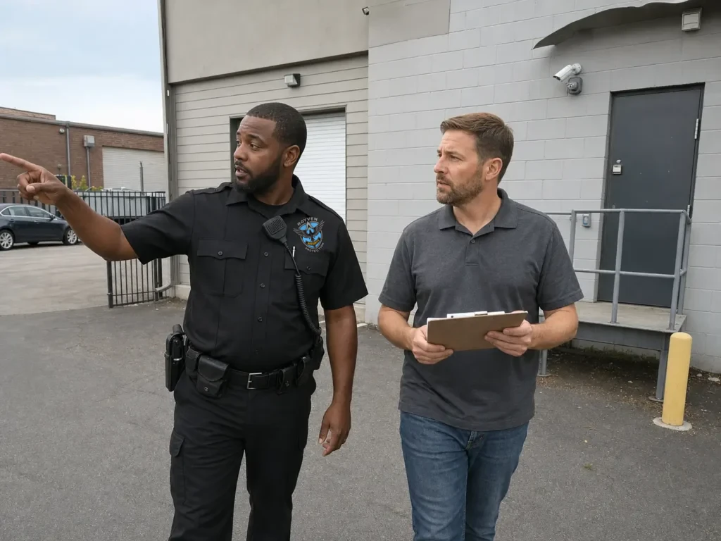 Rayven Security Protection security guard walking a commercial property with a business owner during a workplace security assessment