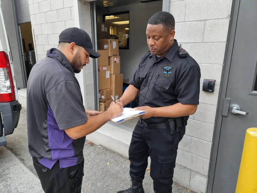 Rayven Security Protection security guard checking a delivery sign-in sheet at a commercial loading entrance