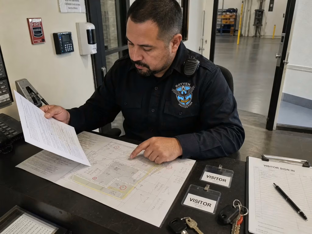 Rayven Security Protection Security guard reviewing site-specific post orders and a patrol map at a commercial property security desk.