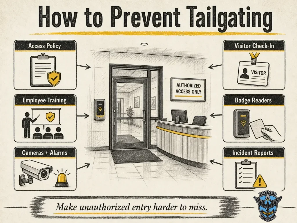 Rayven Security Protection infographic showing access policy, visitor check-in, employee training, badge readers, cameras, alarms, and incident reports to prevent tailgating.