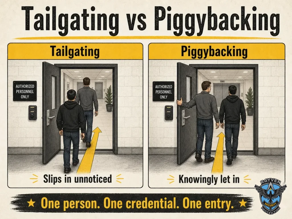 Infographic comparing tailgating and piggybacking in physical security access control.