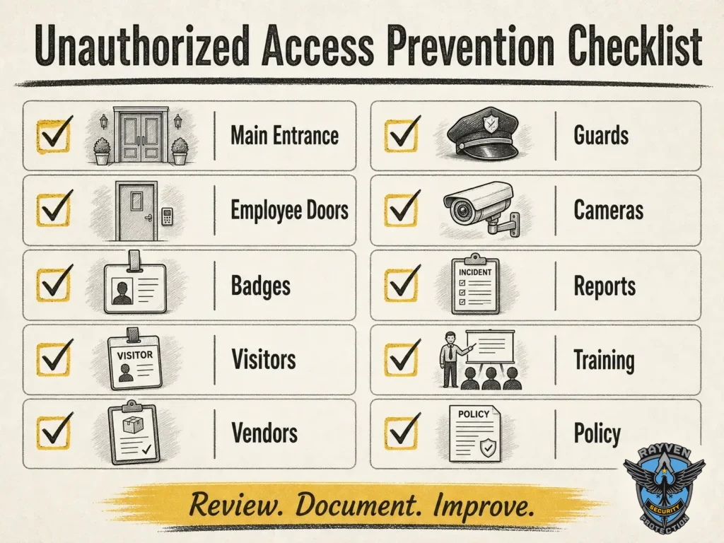 Unauthorized access prevention checklist infographic covering entrances, employee doors, badges, visitors, vendors, guards, cameras, reports, training, and policy.
