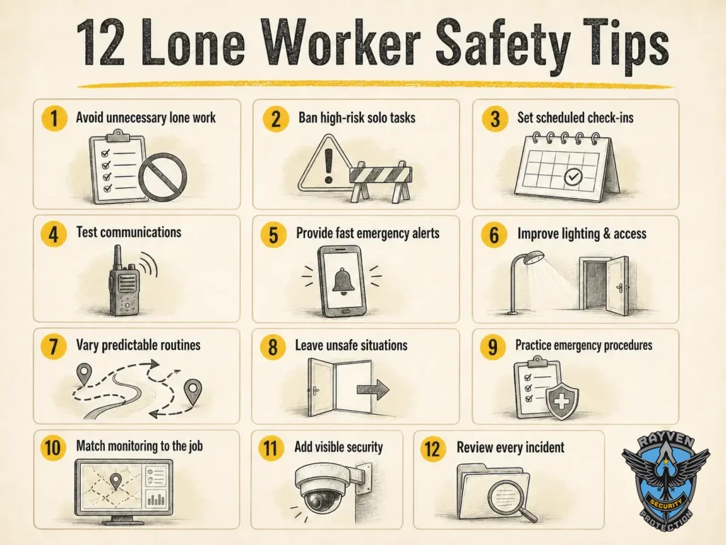 Rayven Security Protection infographic presenting 12 lone worker safety tips for check-ins, communication, emergency response, lighting, monitoring, and incident review.
