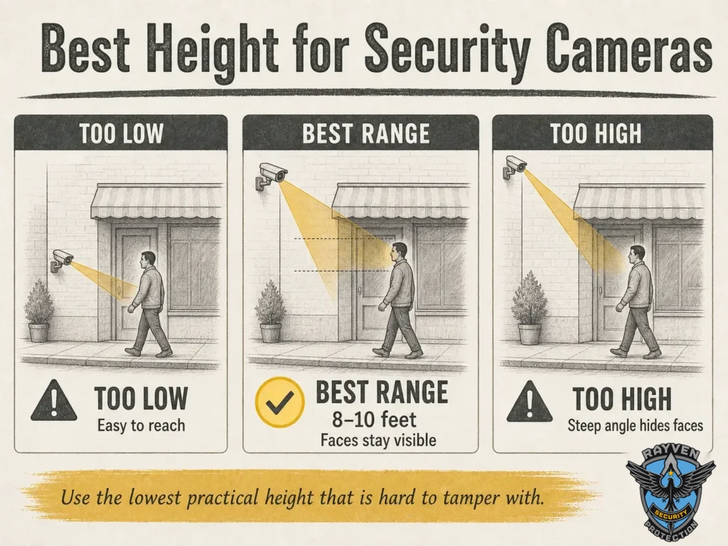 Rayven Security Protection infographic explaining why 8 to 10 feet is the recommended security camera mounting height.