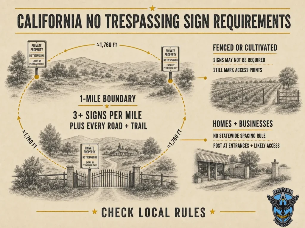 California no trespassing sign requirements infographic showing one-mile boundary spacing and posting guidance for fenced land, homes, and businesses.