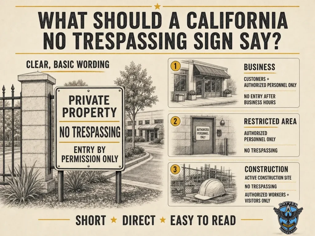 California no trespassing sign wording examples for private property, businesses, restricted areas, and construction sites.