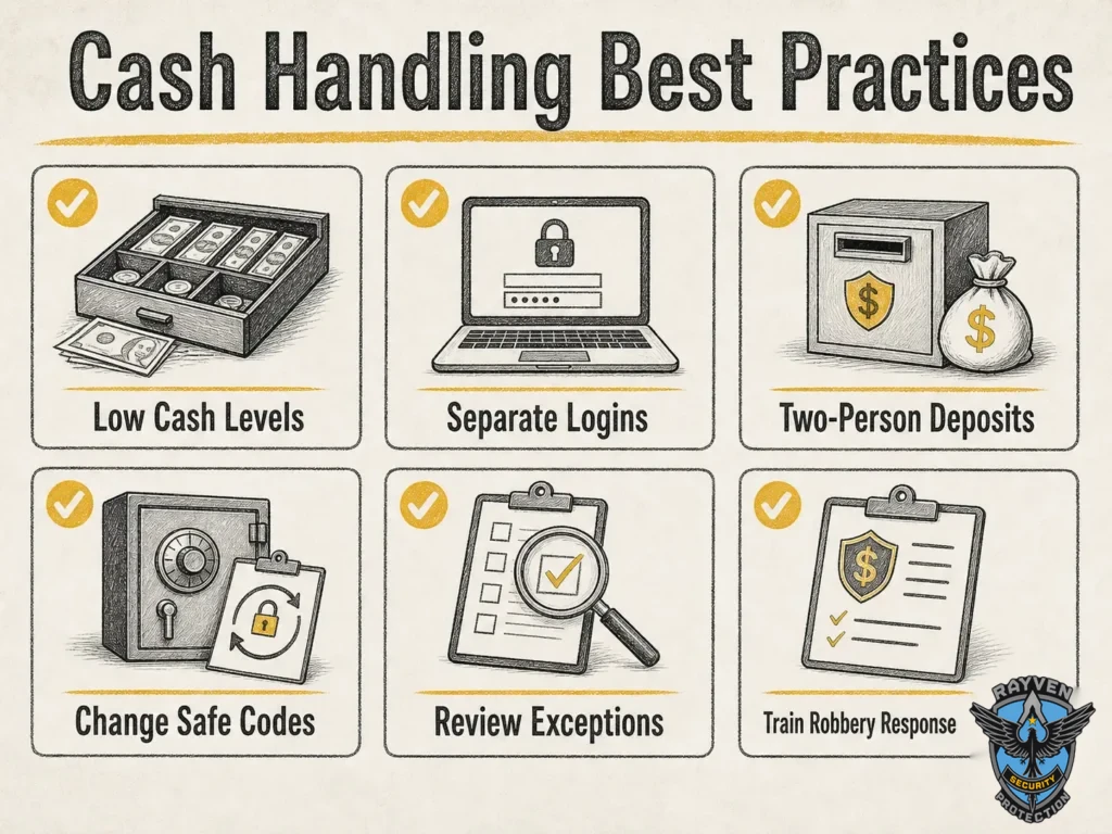 Rayven Security Protection infographic showing cash handling best practices for low cash levels, logins, deposits, and robbery response.
