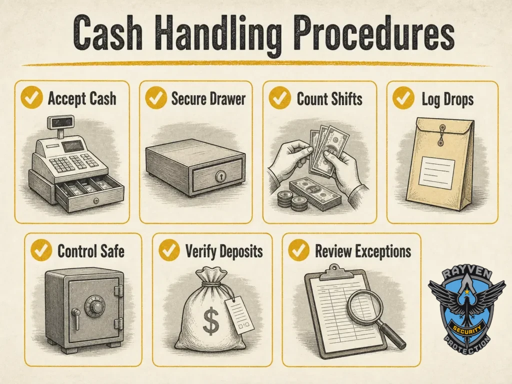 Cash handling procedures infographic with drawer security, cash drops, safe control, and deposit verification.
