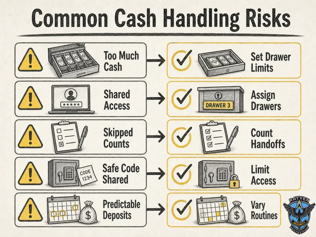 Rayven Security Protection infographic showing common cash handling risks and controls for business cash security.