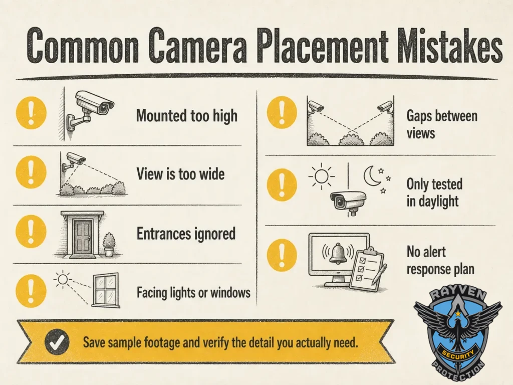 Rayven Security Protection checklist highlighting common security camera placement mistakes such as excessive height, blind spots, and poor lighting.