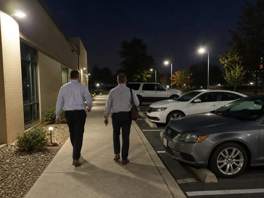 Two male employees walking together on a well-lit parking lot walkway after work