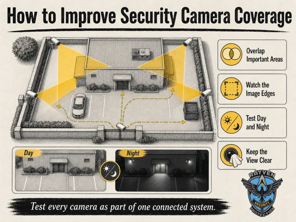 Rayven Security Protection infographic explaining how overlapping views, image-edge checks, day and night testing, and clean lenses improve security camera coverage.