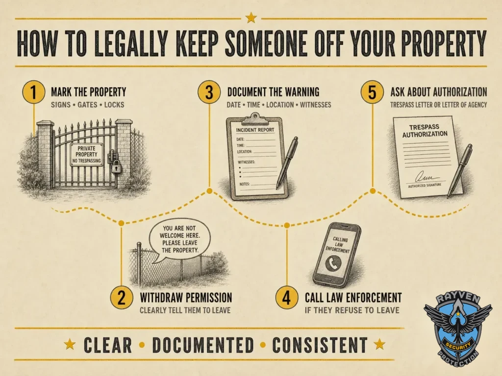 Rayven Security Protection infographic explaining five steps for legally keeping someone off private property in California, from posting signs to requesting trespass authorization.