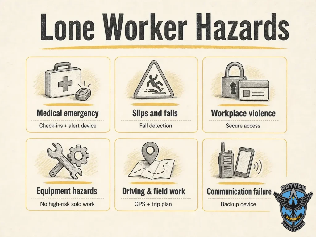 Infographic showing six lone worker hazards, including medical emergencies, falls, workplace violence, equipment hazards, field work, and communication failure.