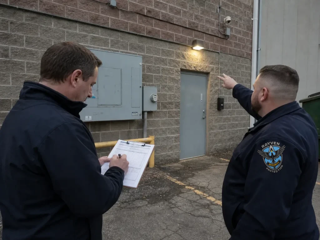 Rayven Security Protection security guard and facility manager completing a lone worker risk assessment at a commercial rear entrance.