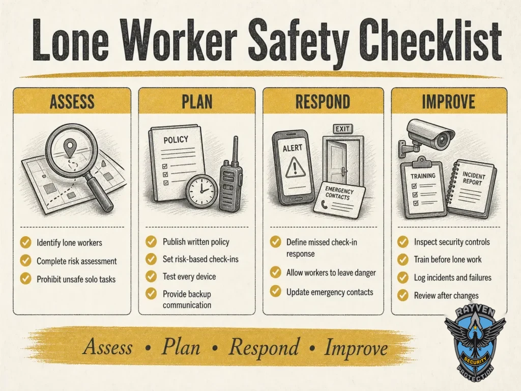 Rayven Security Protection lone worker safety checklist organized into assessment, planning, emergency response, and continuous improvement steps.