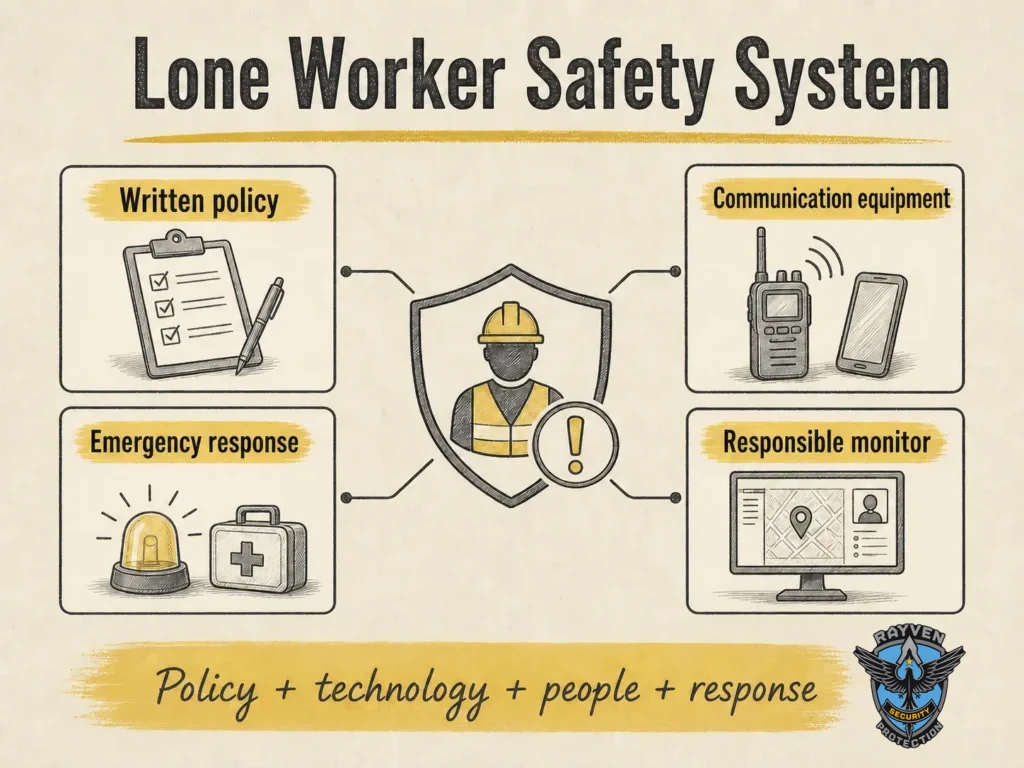 Rayven Security Protection lone worker safety system infographic connecting a written policy, communication equipment, emergency response, and a responsible monitor.