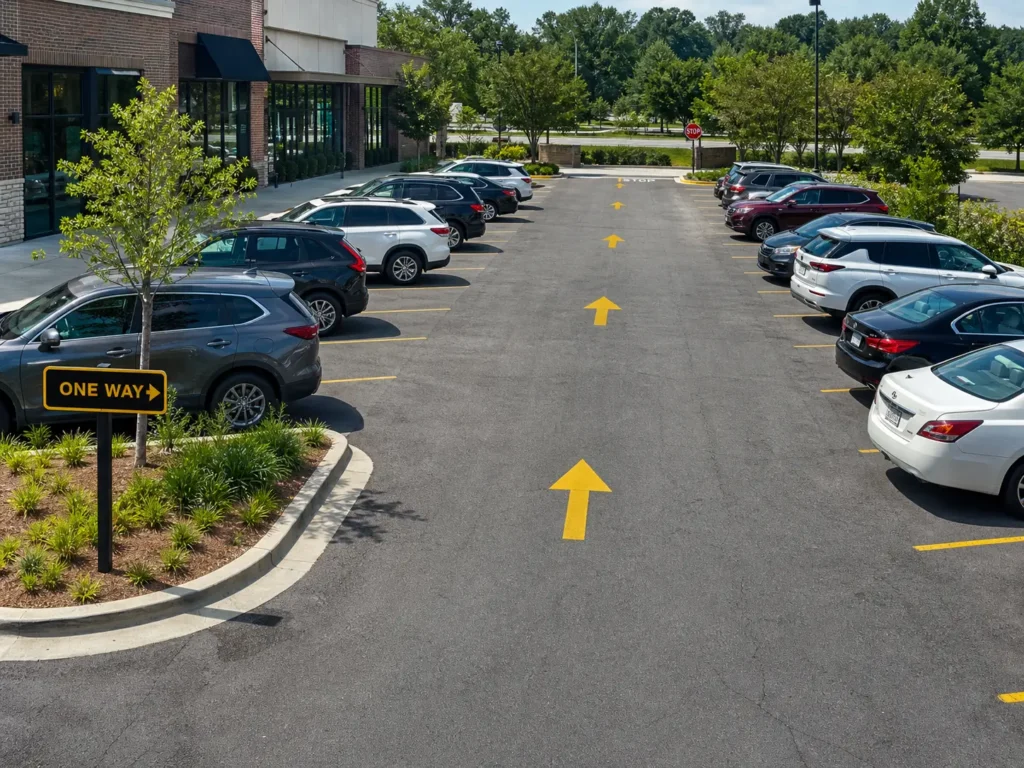 Commercial parking lot with clear arrows, stop sign, speed limit sign, loading zone, and marked driving lanes