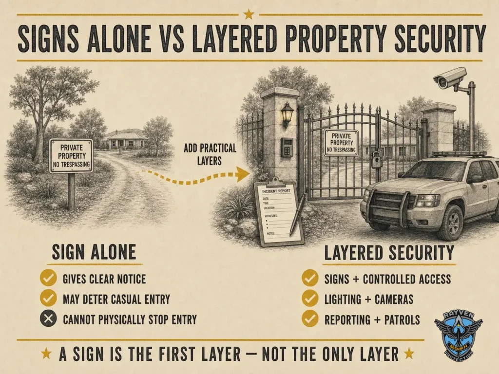Rayven Security Protection comparison showing a no trespassing sign alone versus layered property security with controlled access, lighting, cameras, reporting, and patrols.
