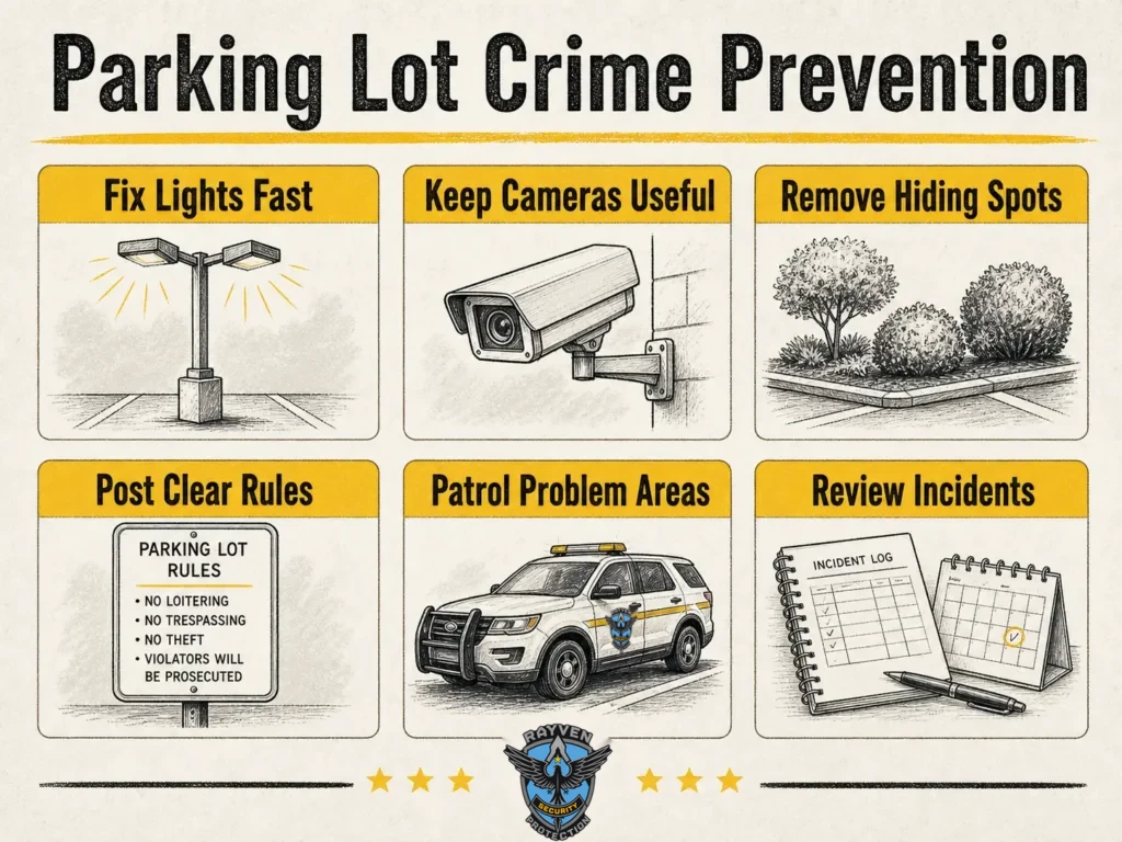 Rayven Security Protection parking lot crime prevention infographic with lighting, cameras, hiding spot removal, rules, patrols, and incident review tips