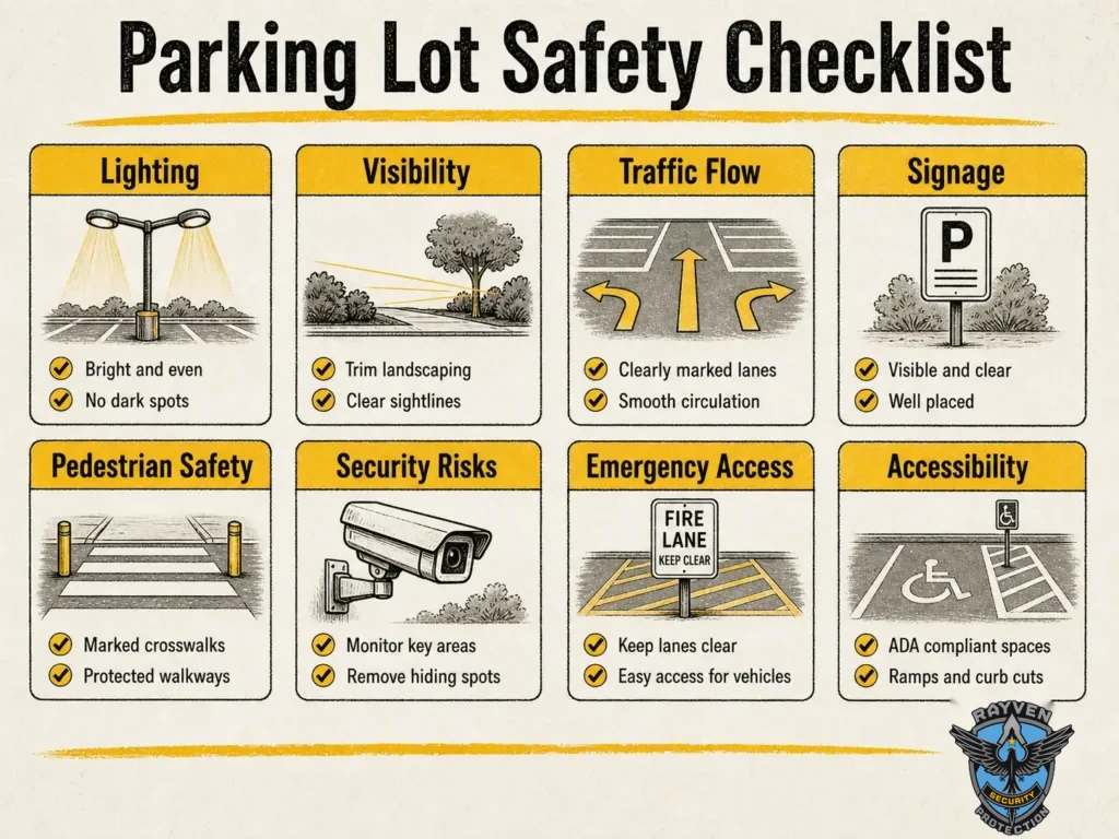 Rayven Security Protection parking lot safety checklist infographic showing lighting, visibility, traffic flow, signage, pedestrian safety, security risks, emergency access, and accessibility