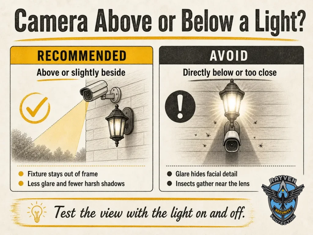 Rayven Security Protection infographic recommending that a security camera be mounted above or slightly beside an exterior light to reduce glare.