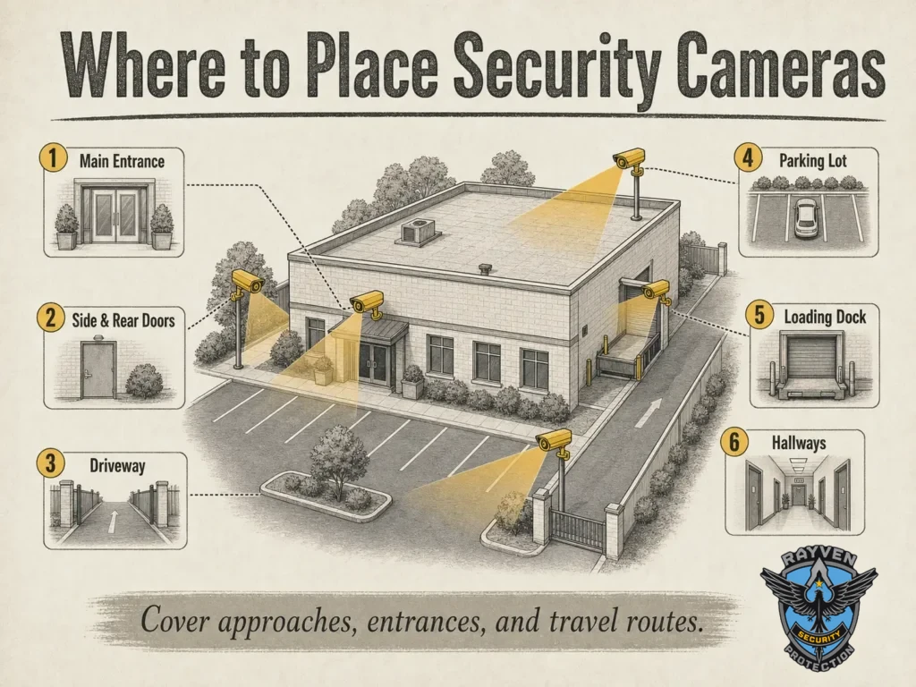 Rayven Security Protection infographic showing recommended security camera placement at entrances, driveways, parking lots, loading docks, and hallways.