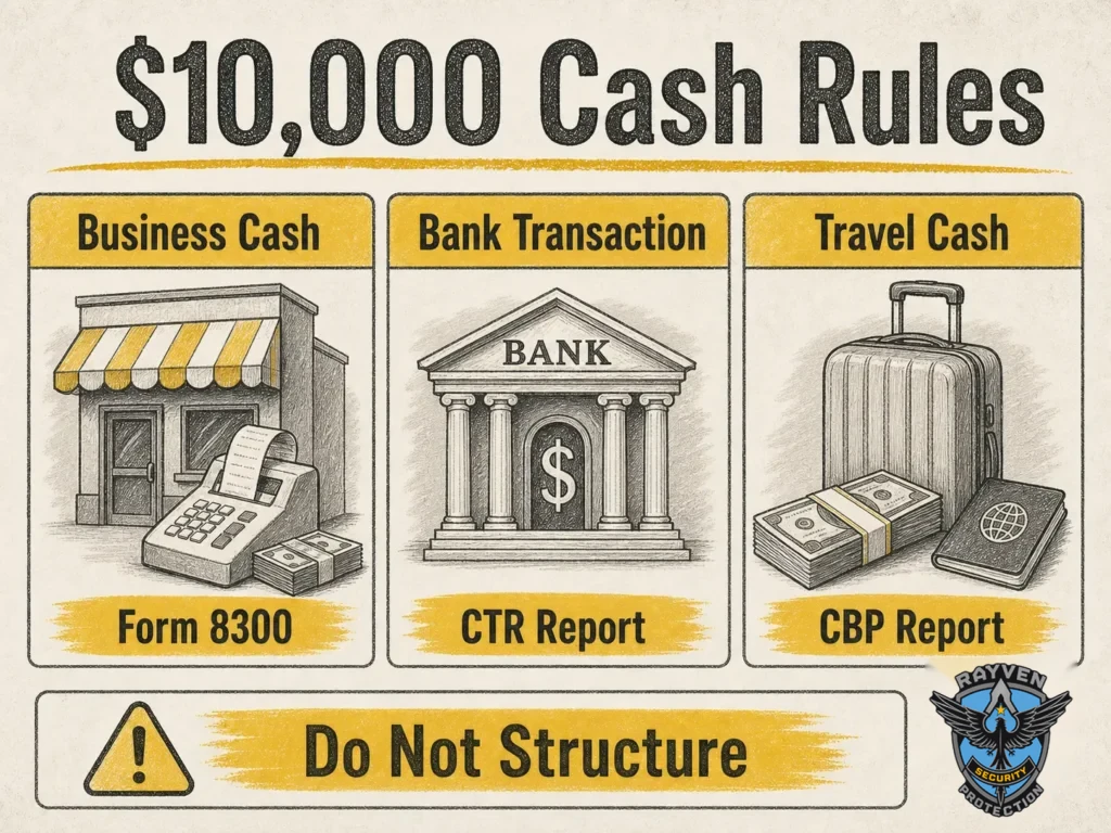 $10,000 cash rules infographic comparing Form 8300, bank CTR reports, and CBP cash reporting.