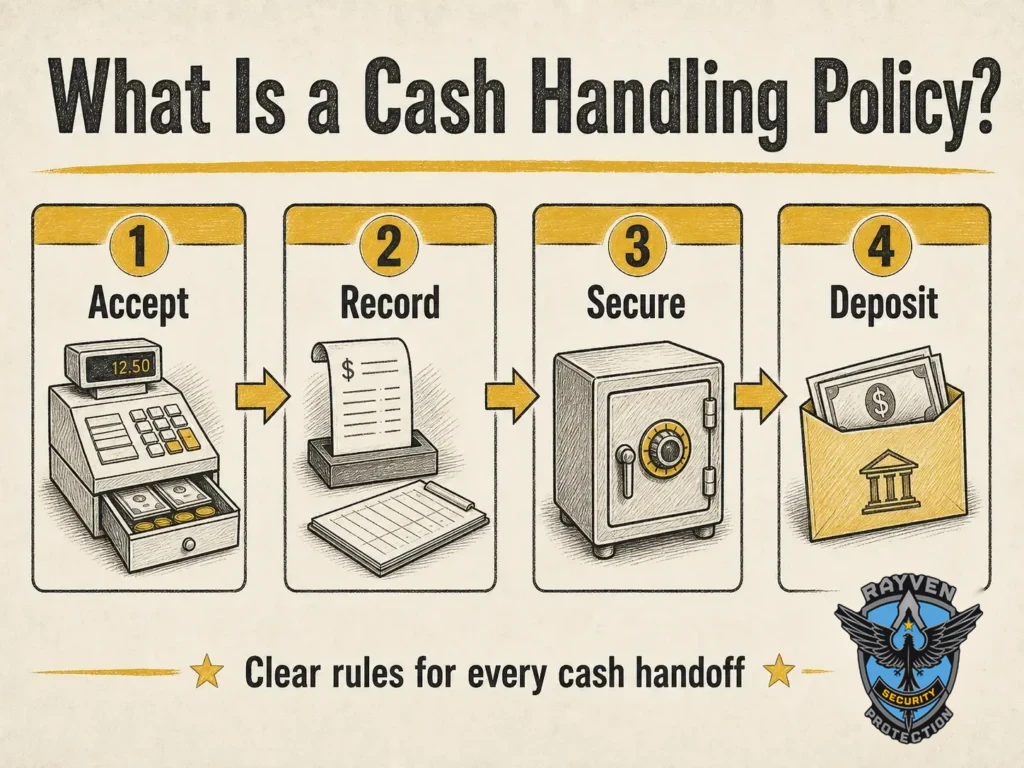 Infographic explaining what a cash handling policy is with accept, record, secure, and deposit steps.