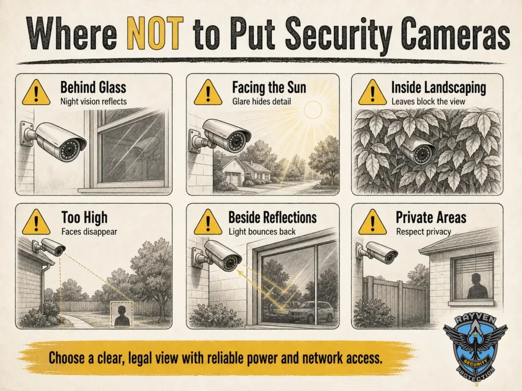 Rayven Security Protection infographic showing where not to install security cameras, including behind glass, near reflections, and inside landscaping.