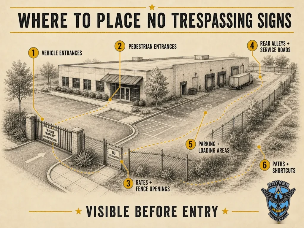 Rayven Security Protection infographic showing where to place no trespassing signs around vehicle entrances, walkways, gates, parking areas, service roads, and shortcuts.