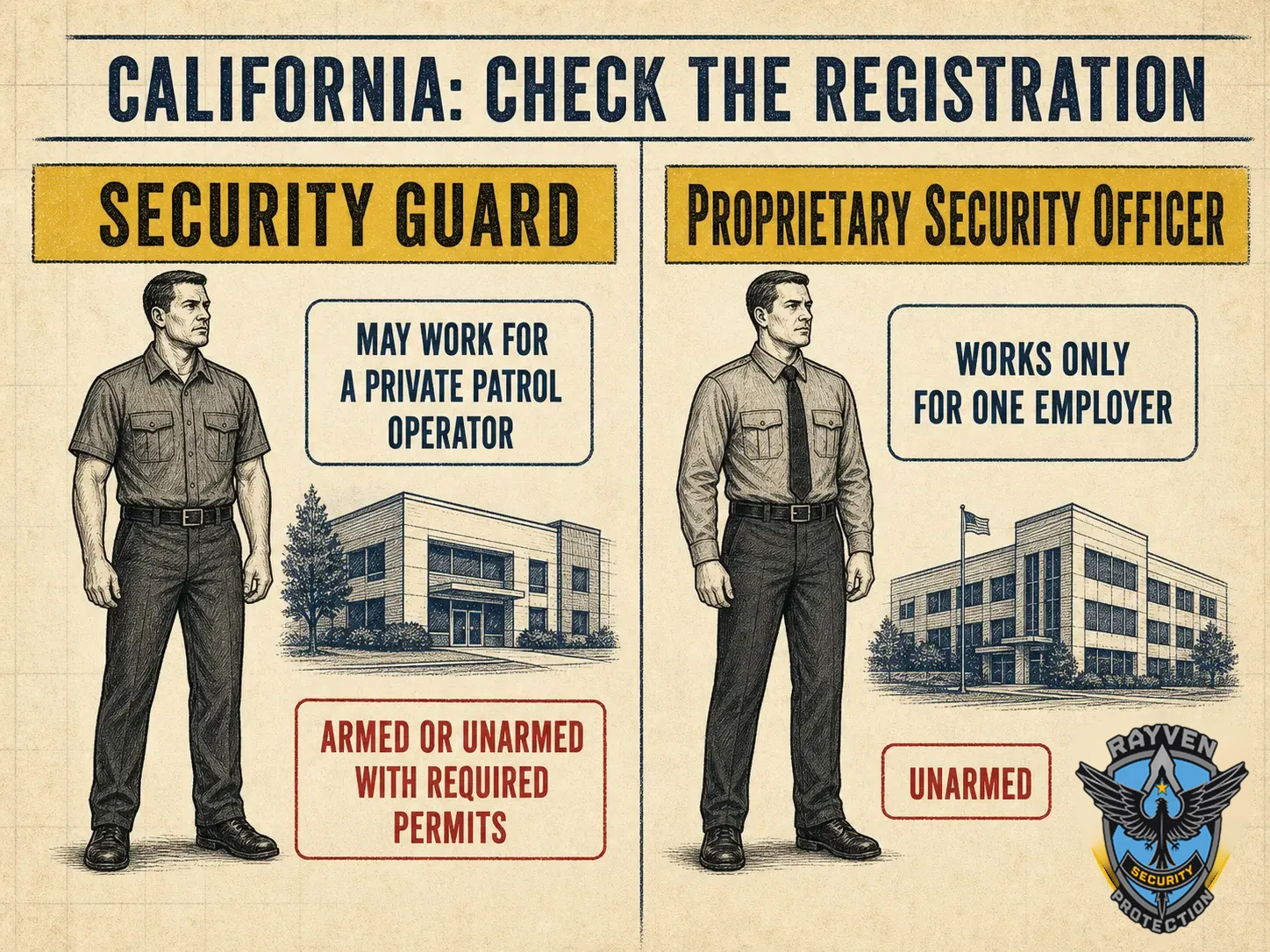 California infographic comparing a security guard with a Proprietary Security Officer and their registration differences.