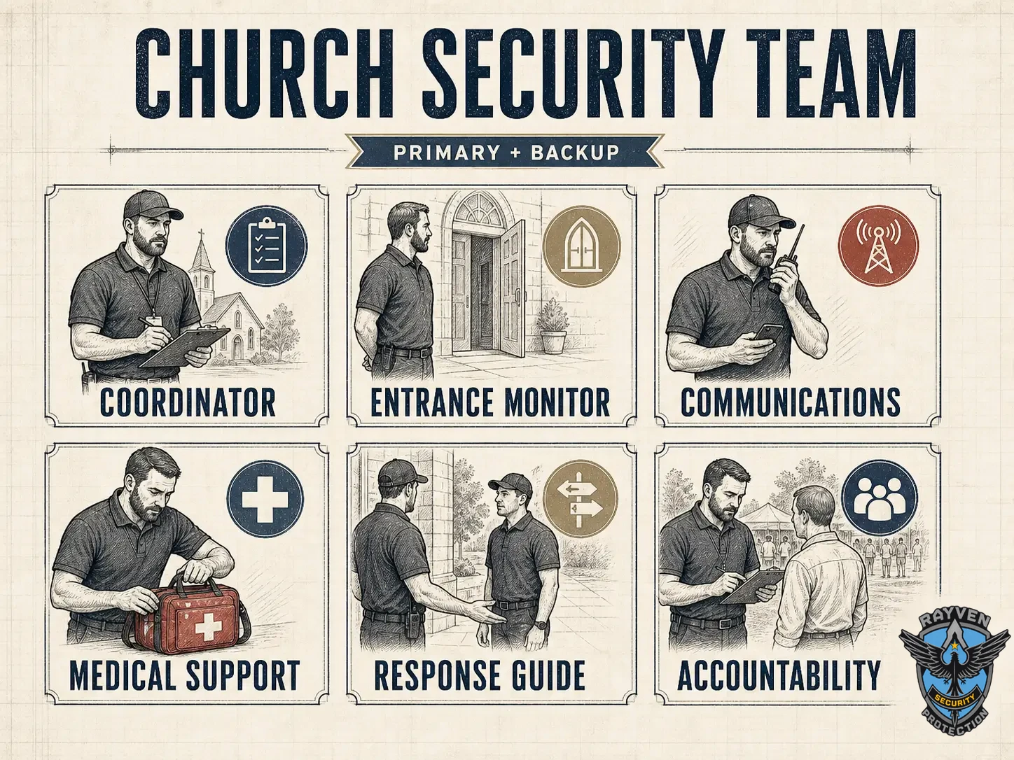 Rayven Security Protection Security Guards infographic showing six church security team roles: coordinator, entrance monitor, communications, medical support, response guide, and accountability.