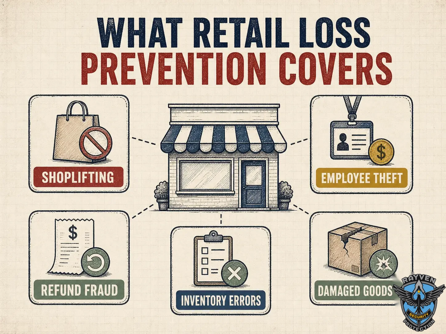 Infographic showing shoplifting, employee theft, refund fraud, inventory errors, and damaged goods as sources of retail loss