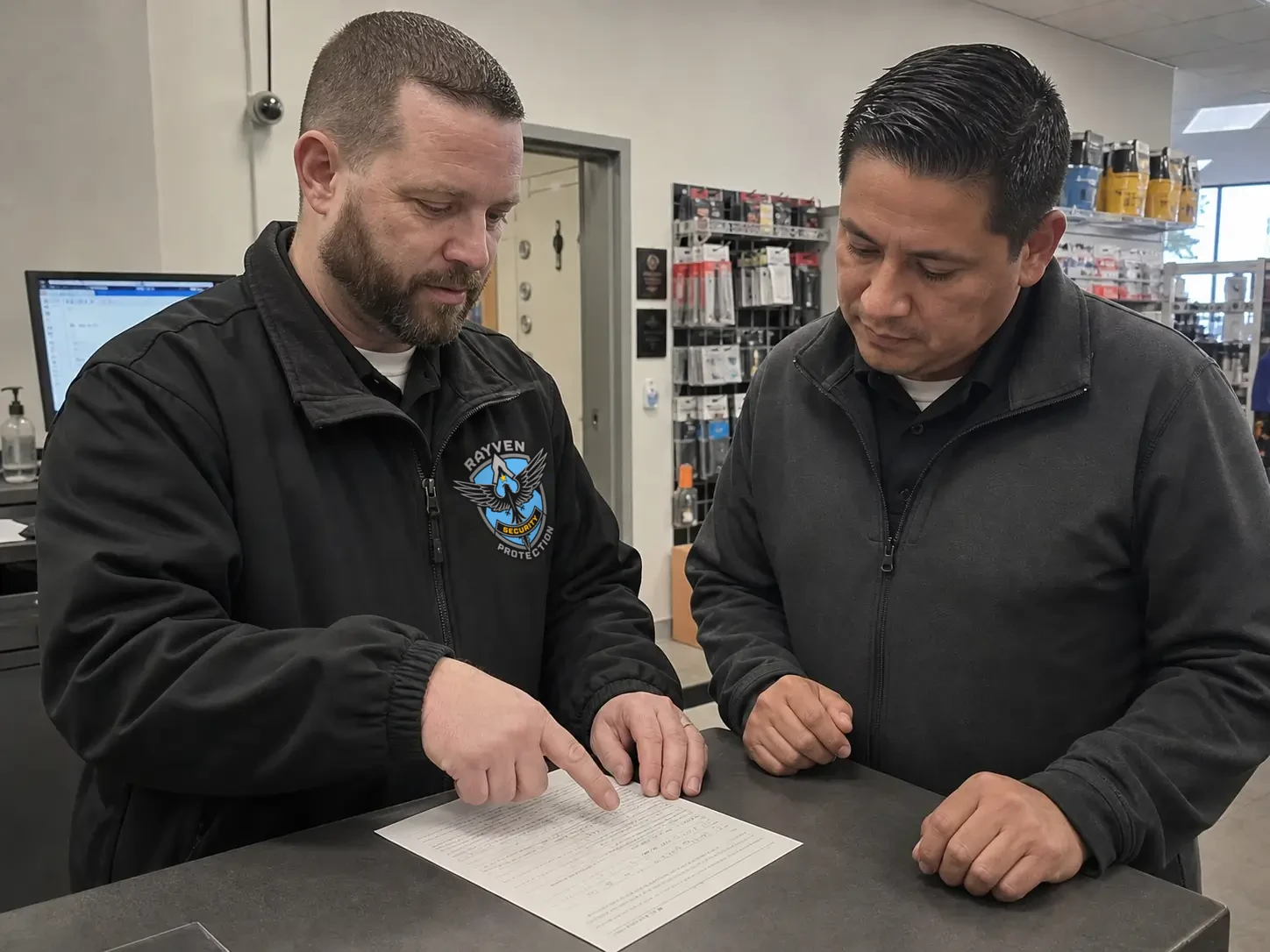 Rayven Security Protection Security Guards officer and retail manager reviewing an incident report at a store counter
